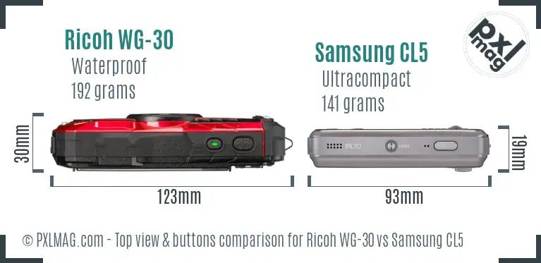 Ricoh WG-30 vs Samsung CL5 top view buttons comparison
