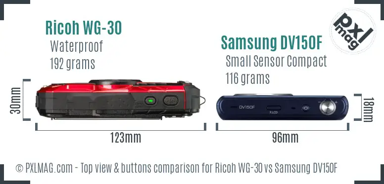 Ricoh WG-30 vs Samsung DV150F top view buttons comparison