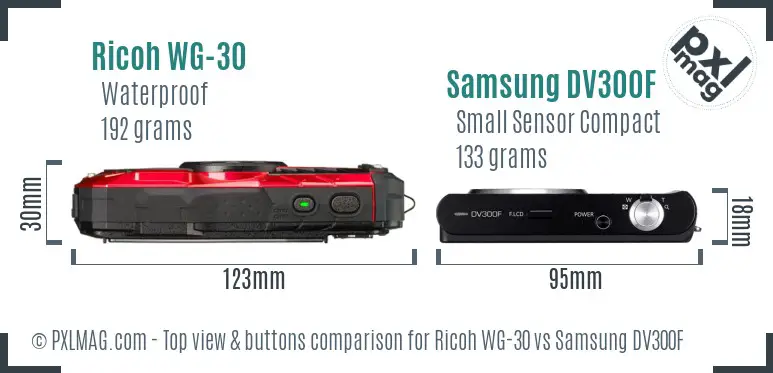 Ricoh WG-30 vs Samsung DV300F top view buttons comparison