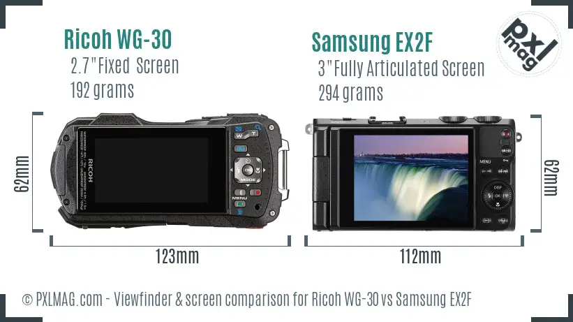 Ricoh WG-30 vs Samsung EX2F Screen and Viewfinder comparison