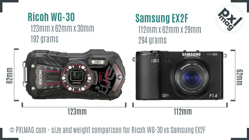 Ricoh WG-30 vs Samsung EX2F size comparison