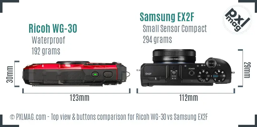 Ricoh WG-30 vs Samsung EX2F top view buttons comparison