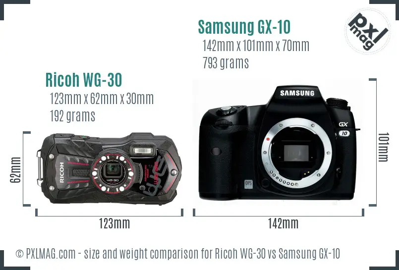 Ricoh WG-30 vs Samsung GX-10 size comparison