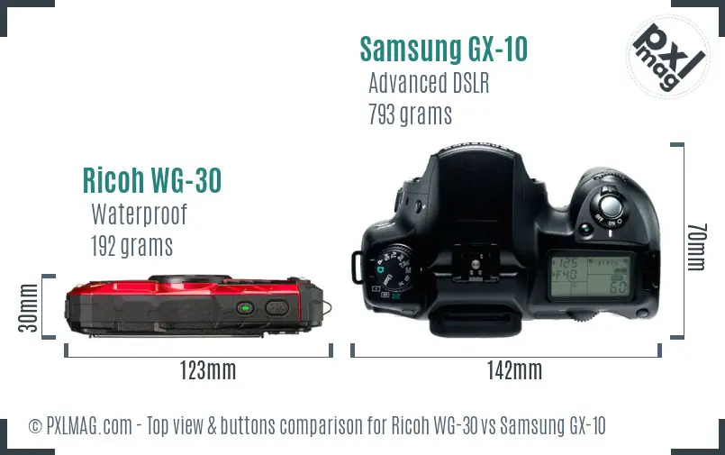 Ricoh WG-30 vs Samsung GX-10 top view buttons comparison