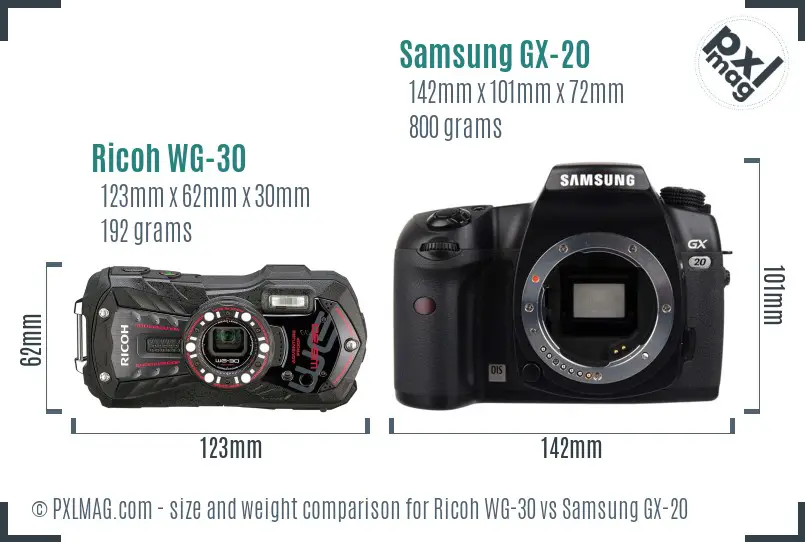 Ricoh WG-30 vs Samsung GX-20 size comparison
