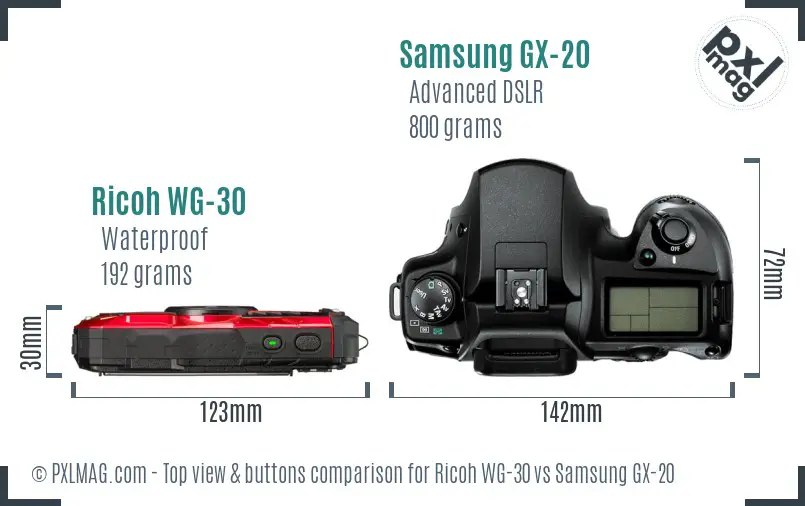 Ricoh WG-30 vs Samsung GX-20 top view buttons comparison