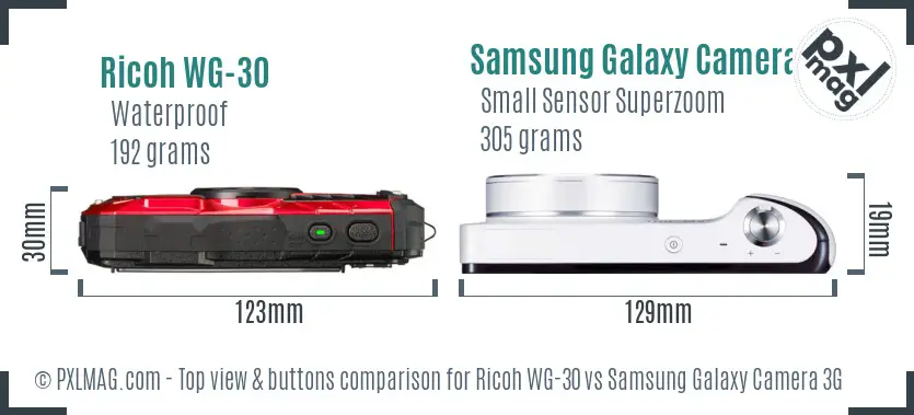 Ricoh WG-30 vs Samsung Galaxy Camera 3G top view buttons comparison