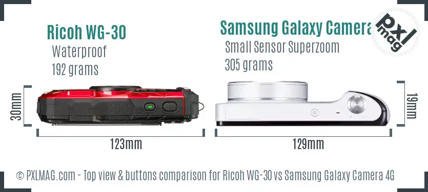 Ricoh WG-30 vs Samsung Galaxy Camera 4G top view buttons comparison