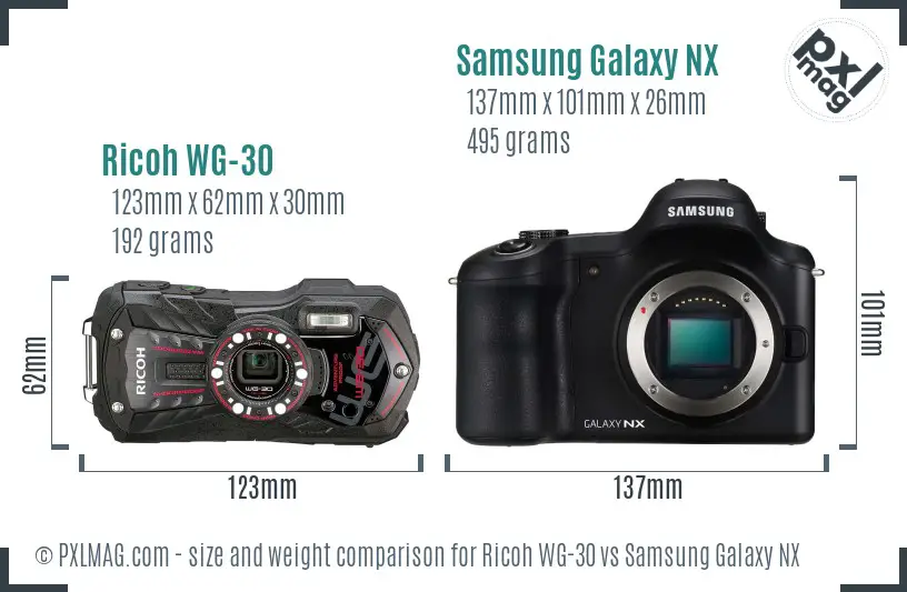 Ricoh WG-30 vs Samsung Galaxy NX size comparison