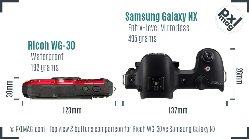 Ricoh WG-30 vs Samsung Galaxy NX top view buttons comparison