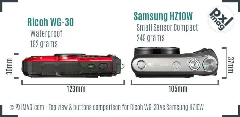 Ricoh WG-30 vs Samsung HZ10W top view buttons comparison