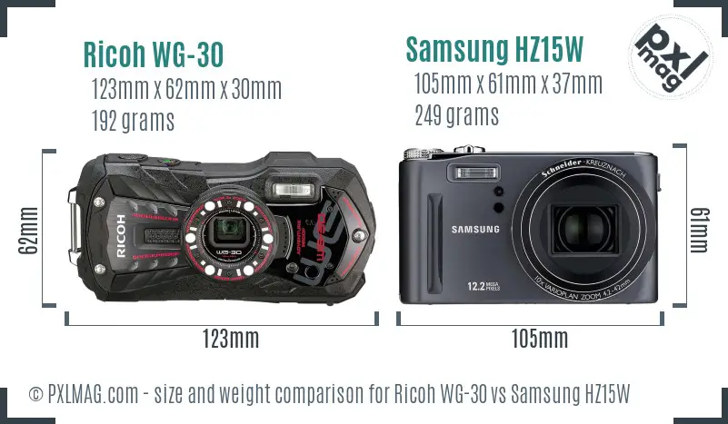 Ricoh WG-30 vs Samsung HZ15W size comparison