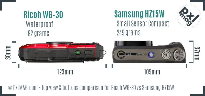 Ricoh WG-30 vs Samsung HZ15W top view buttons comparison
