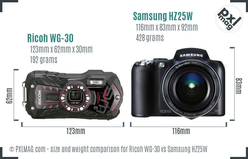 Ricoh WG-30 vs Samsung HZ25W size comparison