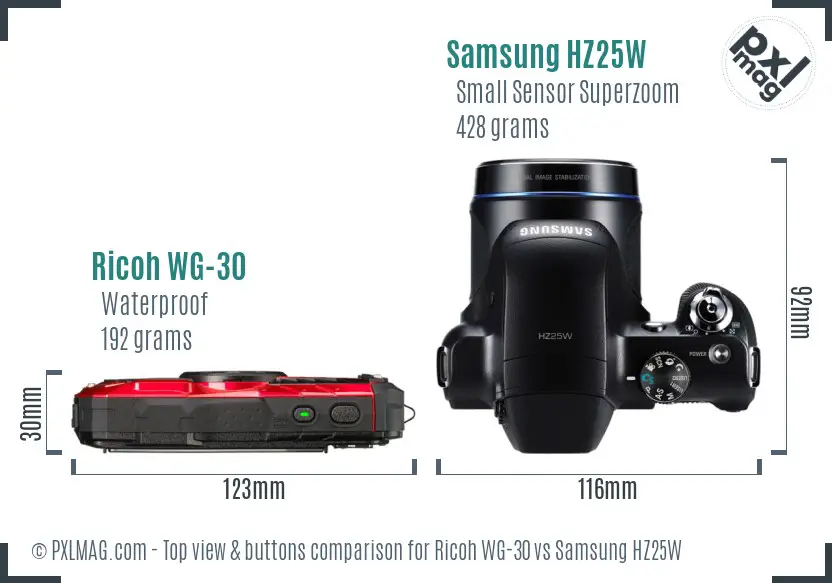 Ricoh WG-30 vs Samsung HZ25W top view buttons comparison
