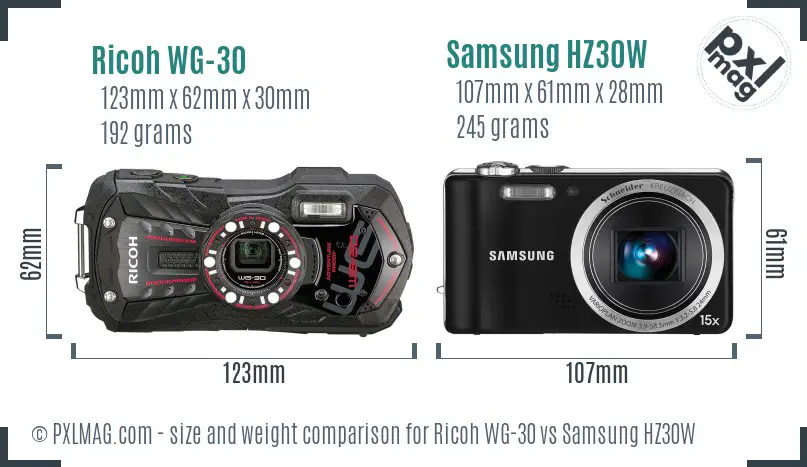 Ricoh WG-30 vs Samsung HZ30W size comparison