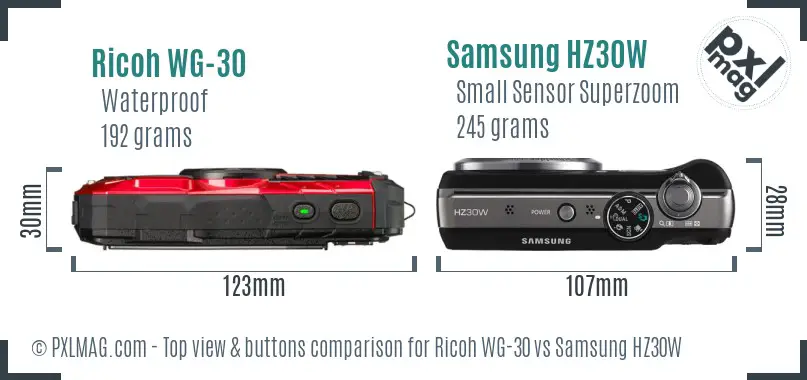 Ricoh WG-30 vs Samsung HZ30W top view buttons comparison