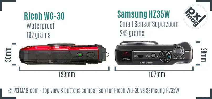 Ricoh WG-30 vs Samsung HZ35W top view buttons comparison