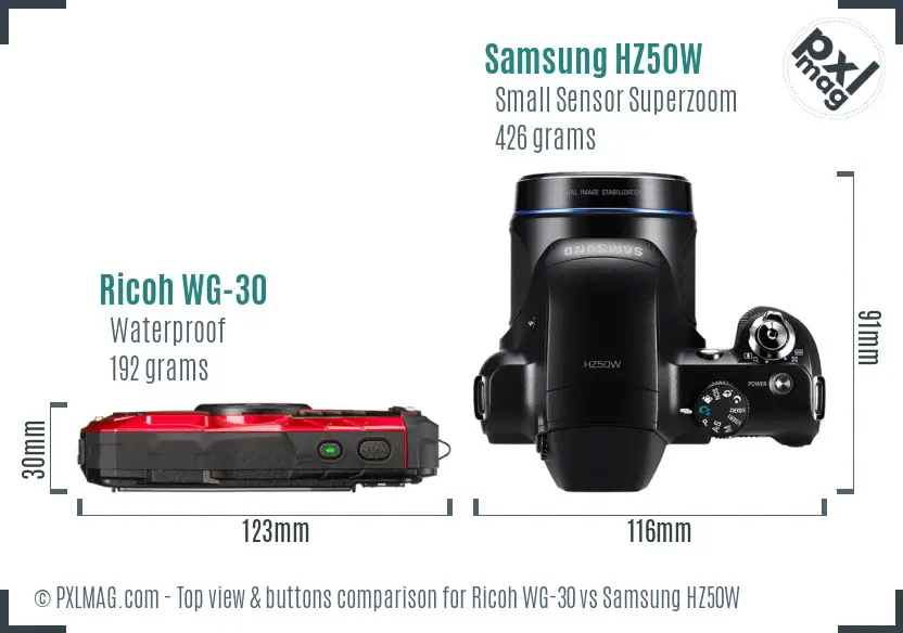 Ricoh WG-30 vs Samsung HZ50W top view buttons comparison