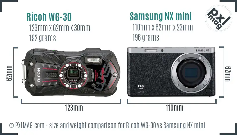 Ricoh WG-30 vs Samsung NX mini size comparison