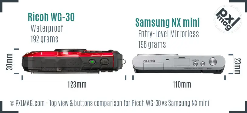 Ricoh WG-30 vs Samsung NX mini top view buttons comparison
