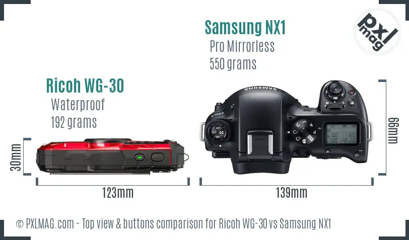 Ricoh WG-30 vs Samsung NX1 top view buttons comparison