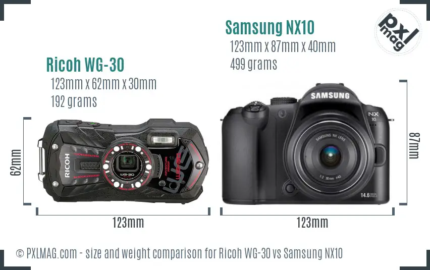 Ricoh WG-30 vs Samsung NX10 size comparison