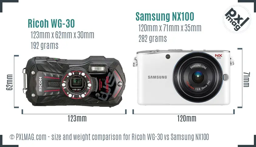 Ricoh WG-30 vs Samsung NX100 size comparison