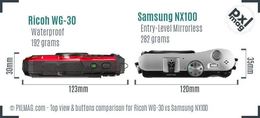 Ricoh WG-30 vs Samsung NX100 top view buttons comparison
