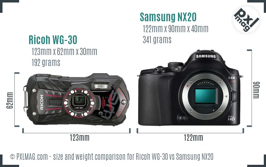 Ricoh WG-30 vs Samsung NX20 size comparison