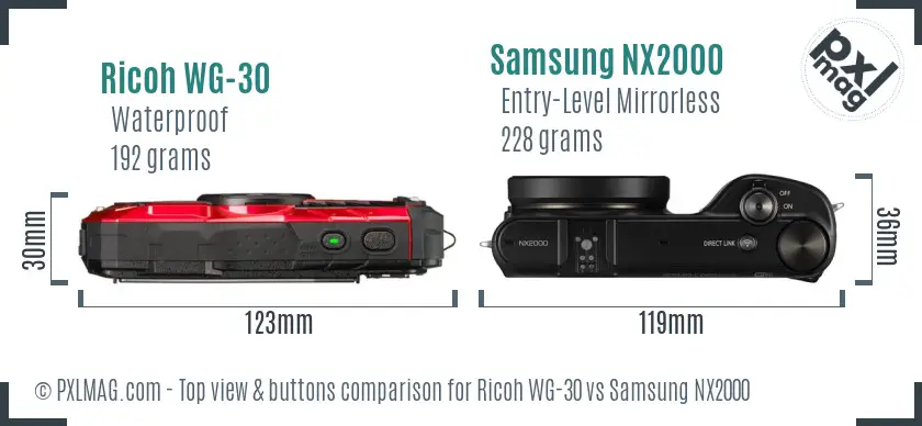Ricoh WG-30 vs Samsung NX2000 top view buttons comparison