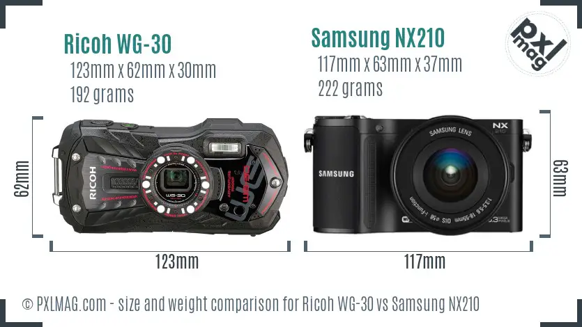 Ricoh WG-30 vs Samsung NX210 size comparison