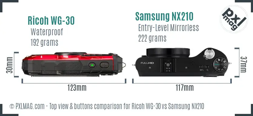 Ricoh WG-30 vs Samsung NX210 top view buttons comparison