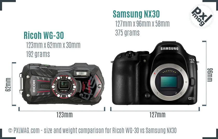 Ricoh WG-30 vs Samsung NX30 size comparison