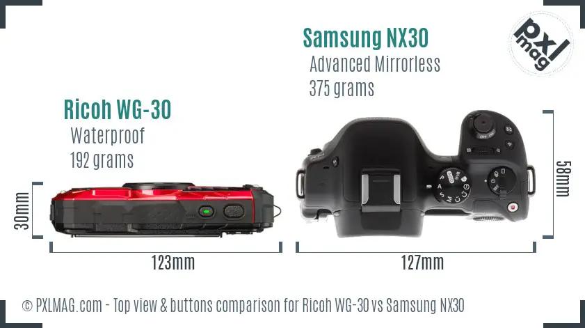 Ricoh WG-30 vs Samsung NX30 top view buttons comparison