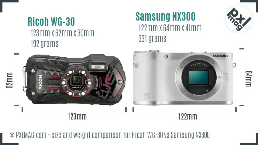 Ricoh WG-30 vs Samsung NX300 size comparison