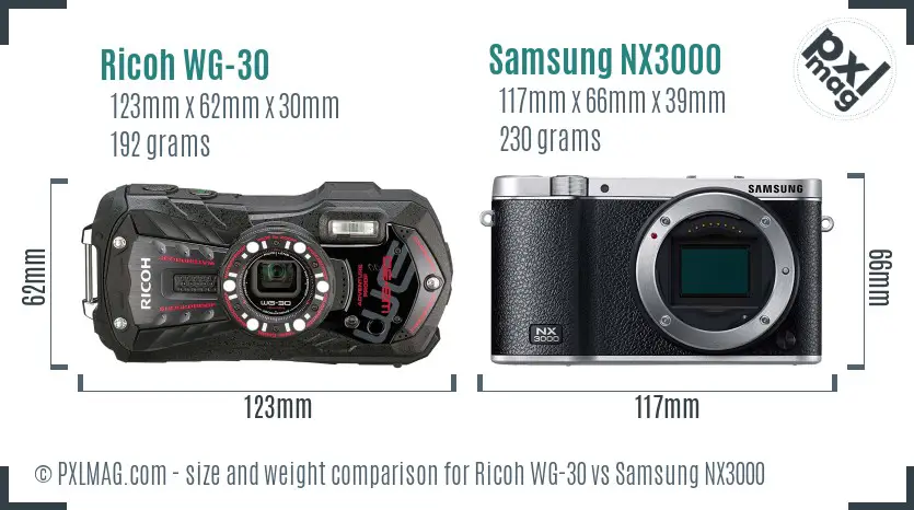 Ricoh WG-30 vs Samsung NX3000 size comparison