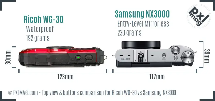Ricoh WG-30 vs Samsung NX3000 top view buttons comparison