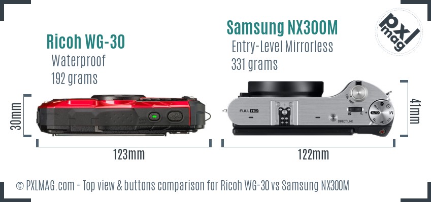 Ricoh WG-30 vs Samsung NX300M top view buttons comparison