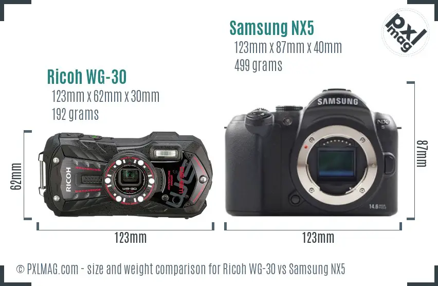 Ricoh WG-30 vs Samsung NX5 size comparison