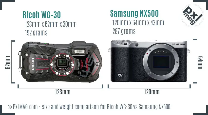 Ricoh WG-30 vs Samsung NX500 size comparison