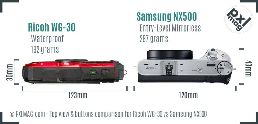 Ricoh WG-30 vs Samsung NX500 top view buttons comparison