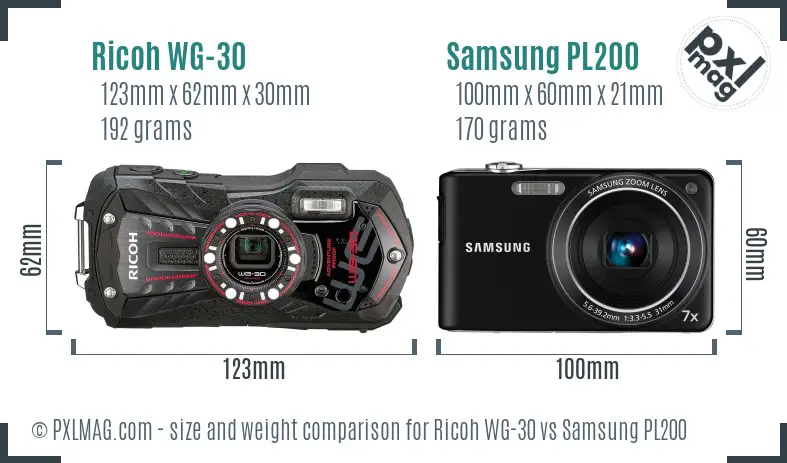 Ricoh WG-30 vs Samsung PL200 size comparison