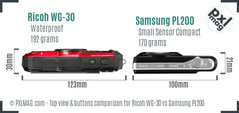 Ricoh WG-30 vs Samsung PL200 top view buttons comparison