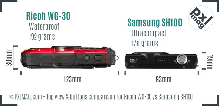 Ricoh WG-30 vs Samsung SH100 top view buttons comparison
