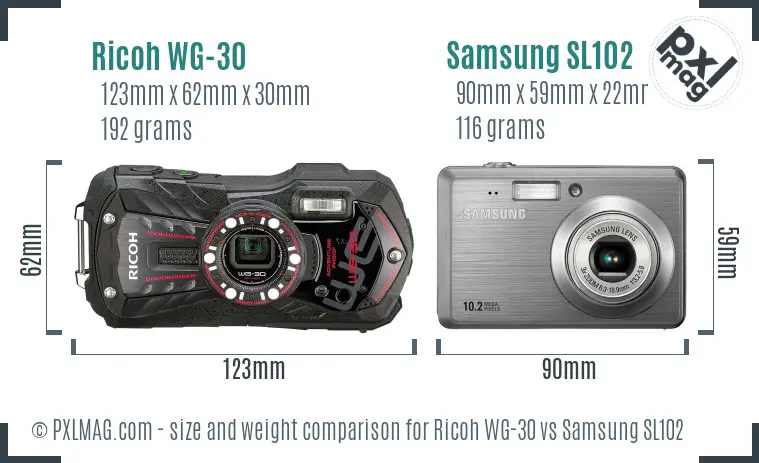 Ricoh WG-30 vs Samsung SL102 size comparison