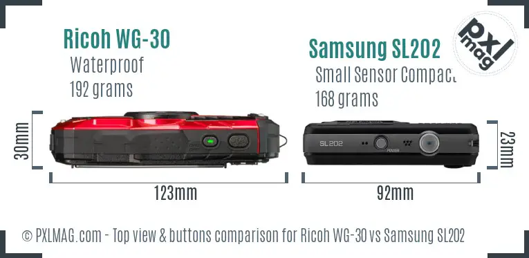 Ricoh WG-30 vs Samsung SL202 top view buttons comparison
