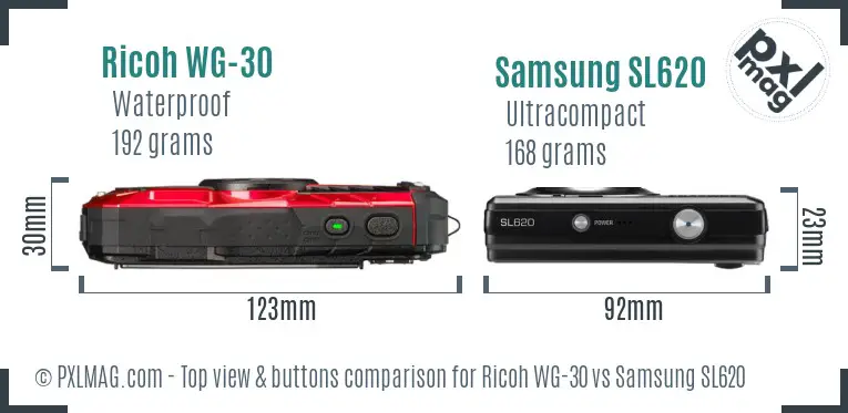 Ricoh WG-30 vs Samsung SL620 top view buttons comparison