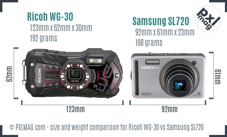 Ricoh WG-30 vs Samsung SL720 size comparison