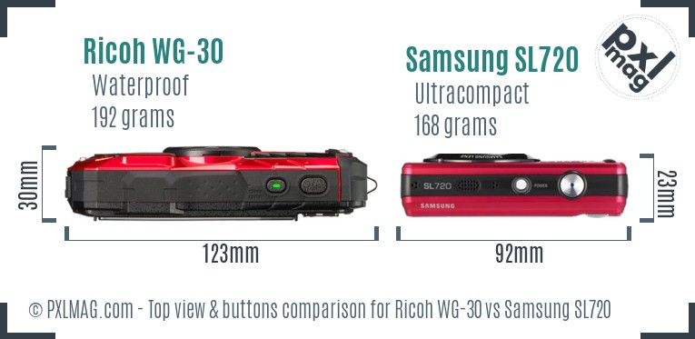 Ricoh WG-30 vs Samsung SL720 top view buttons comparison